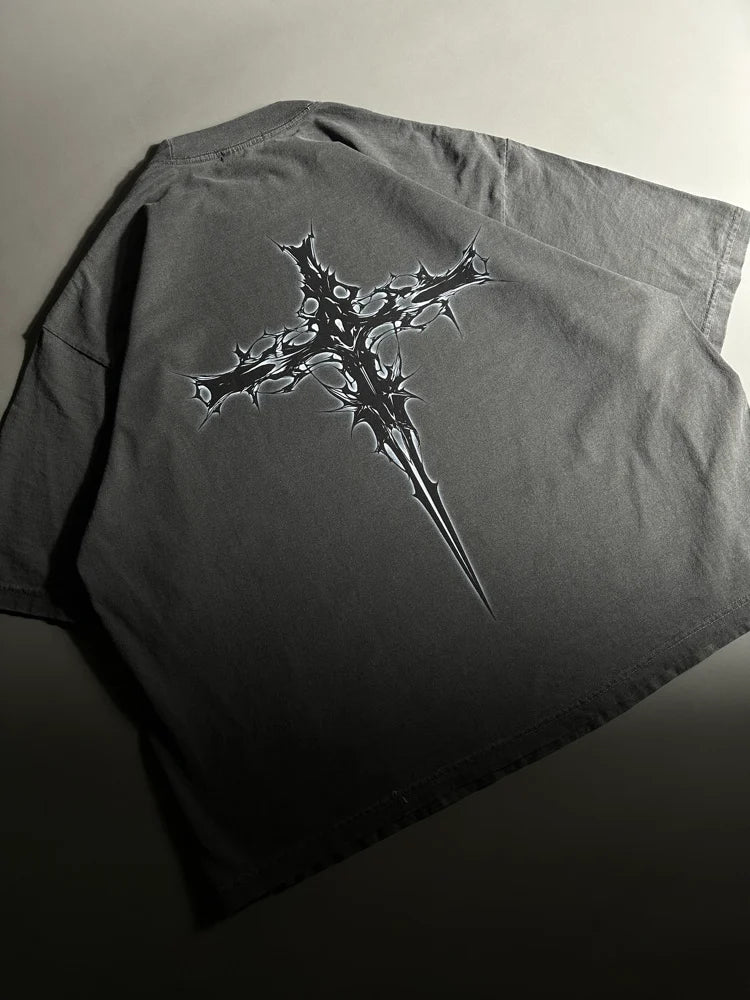 GOTHIC CROSS “OVERSIZED” DROP SHOULDER TEE IN VINTAGE BLACK