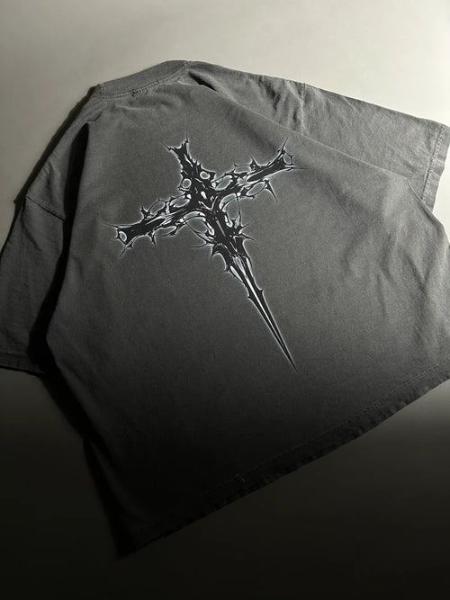 GOTHIC CROSS “OVERSIZED” DROP SHOULDER TEE IN VINTAGE BLACK
