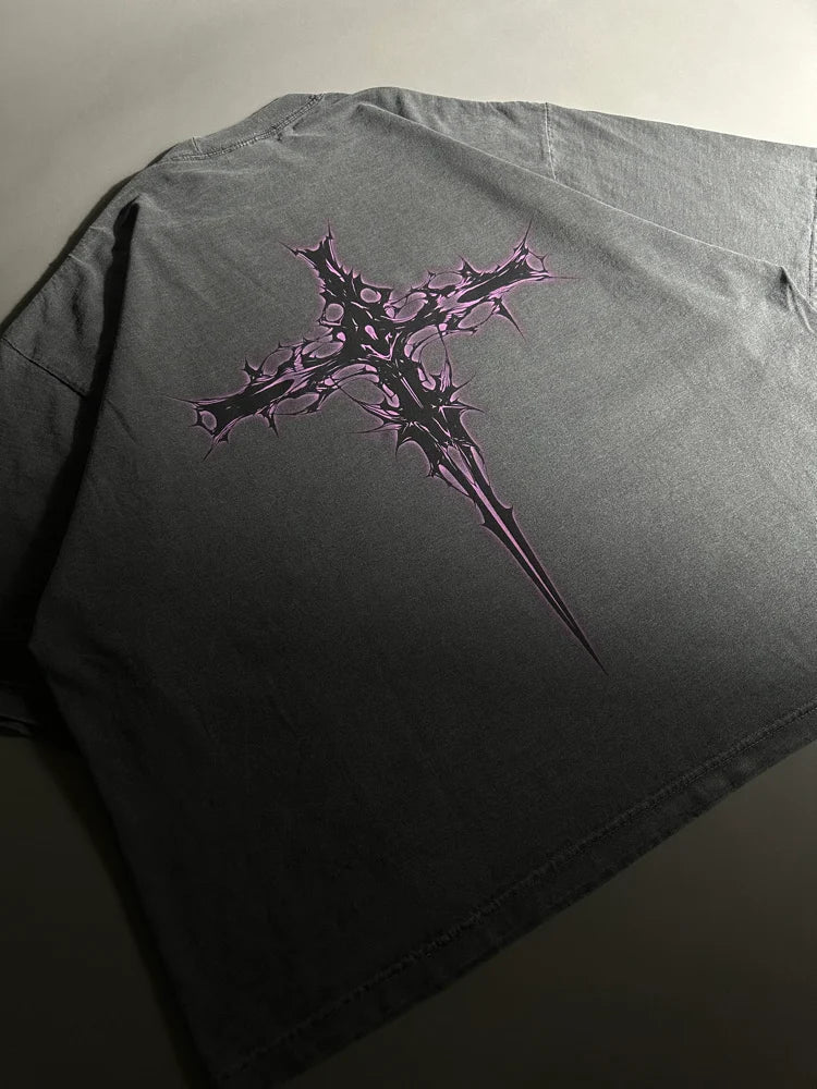 PURPLE GOTHIC CROSS “OVERSIZED” DROP SHOULDER TEE IN VINTAGE BLACK