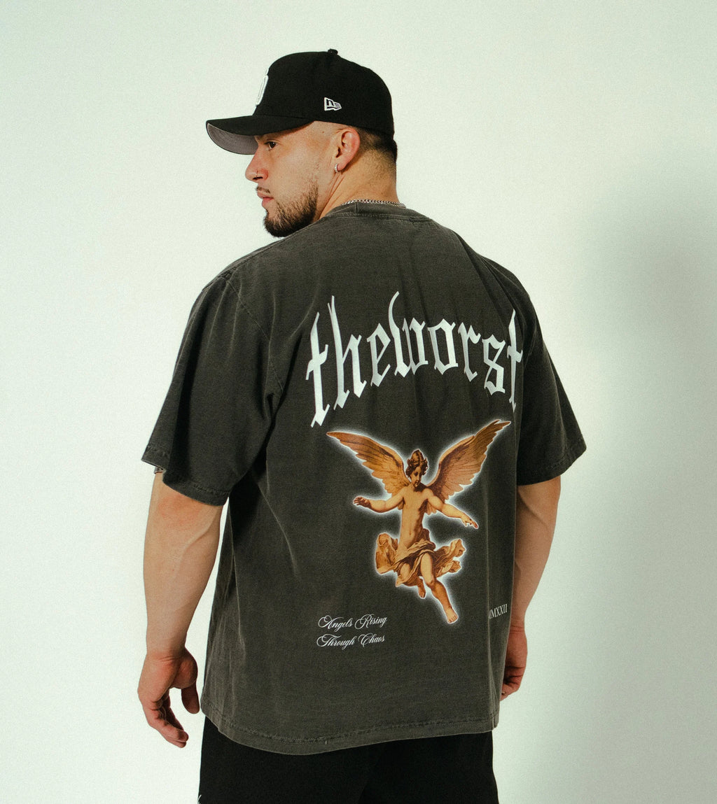 ANGELS RISING THROUGH CHAOS “OVERSIZED” TEE IN VINTAGE BLACK