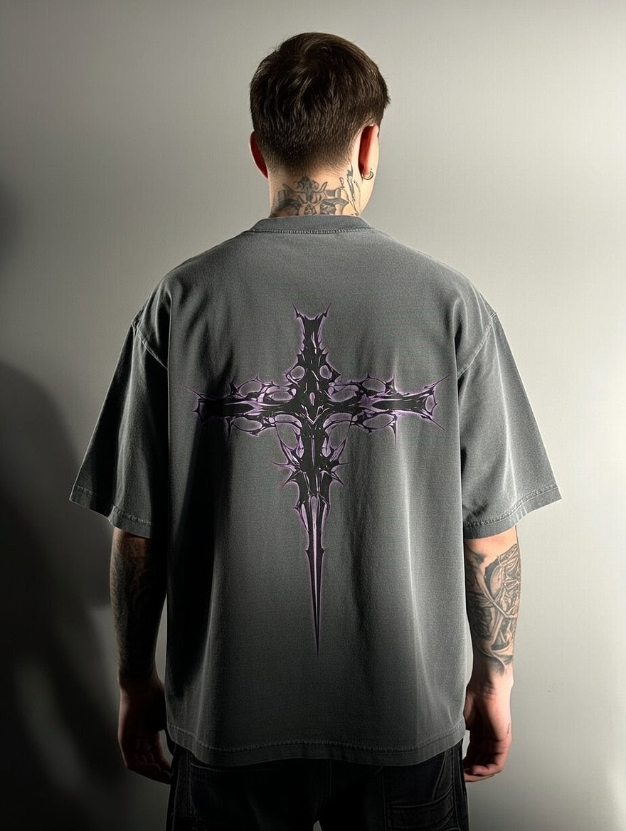 PURPLE GOTHIC CROSS “OVERSIZED” DROP SHOULDER TEE IN VINTAGE BLACK