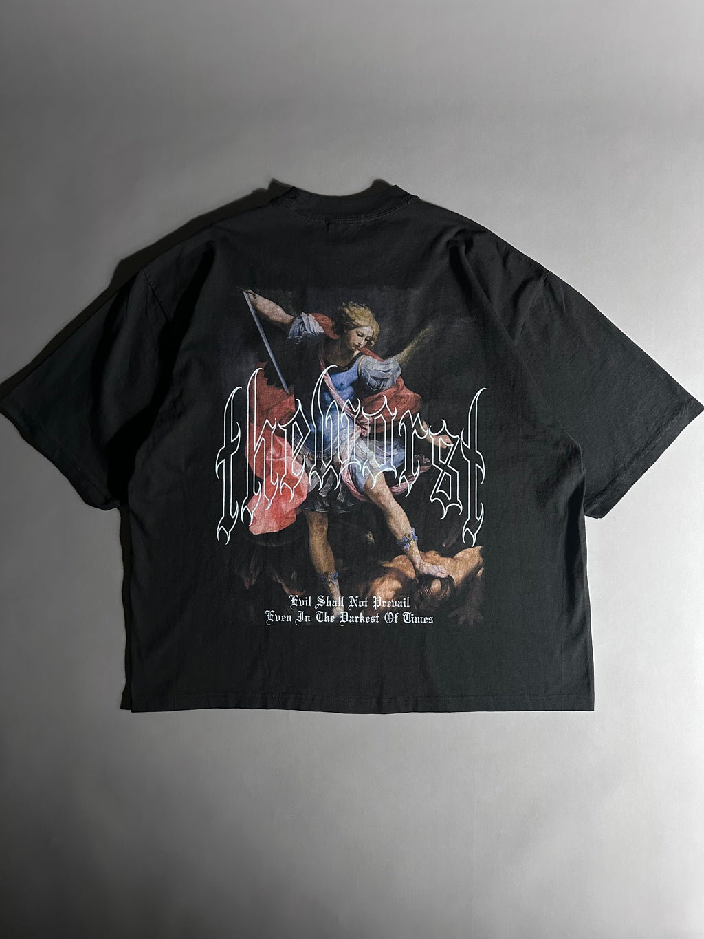 EVIL SHALL NOT PREVAIL “OVERSIZED” DROP SHOULDER TEE IN BLACK